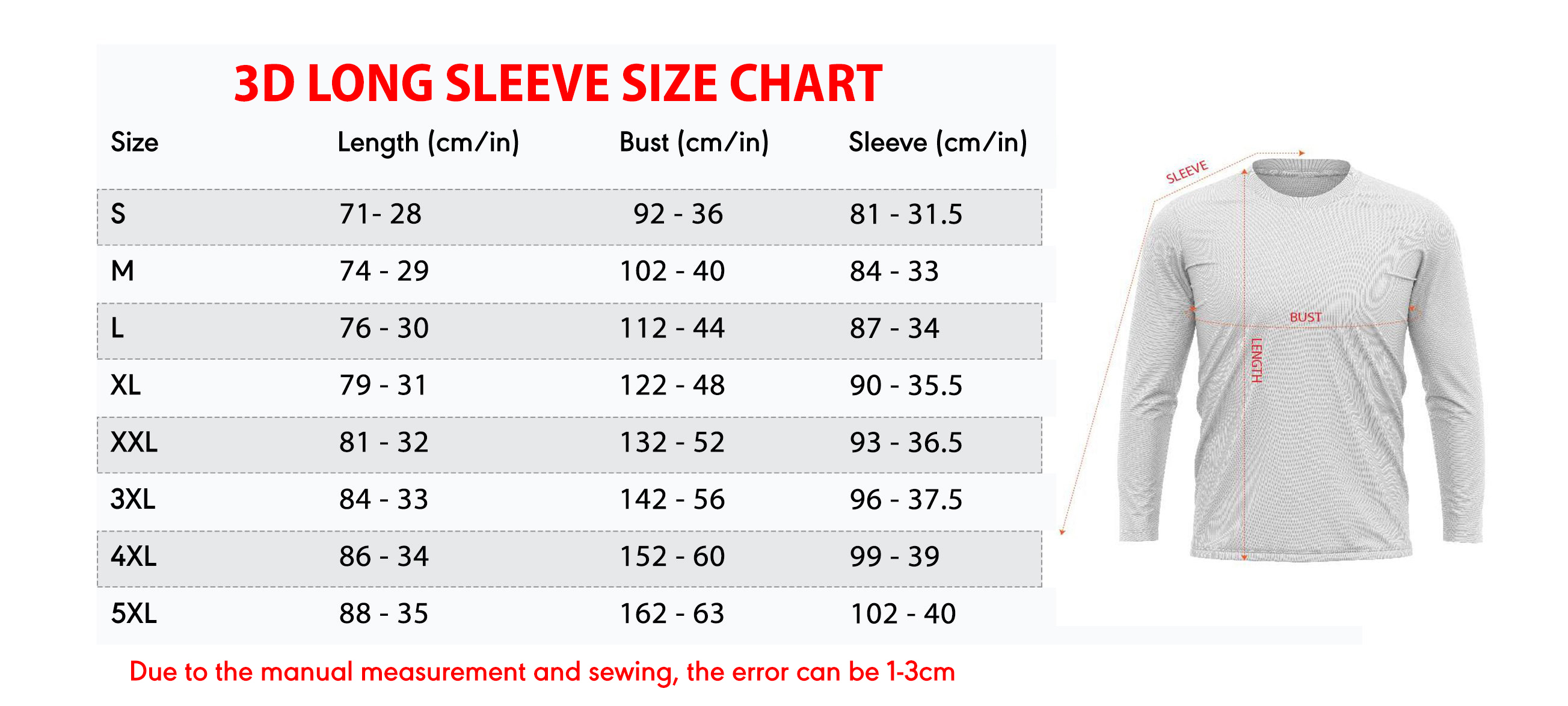 3D Long Sleeve Size Chart
